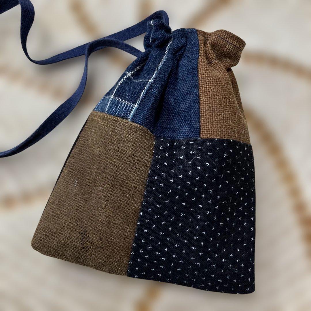 庄内刺し子酒袋藍染め縞木綿格子木綿蚊絣古布手提げバックマルチケース付き