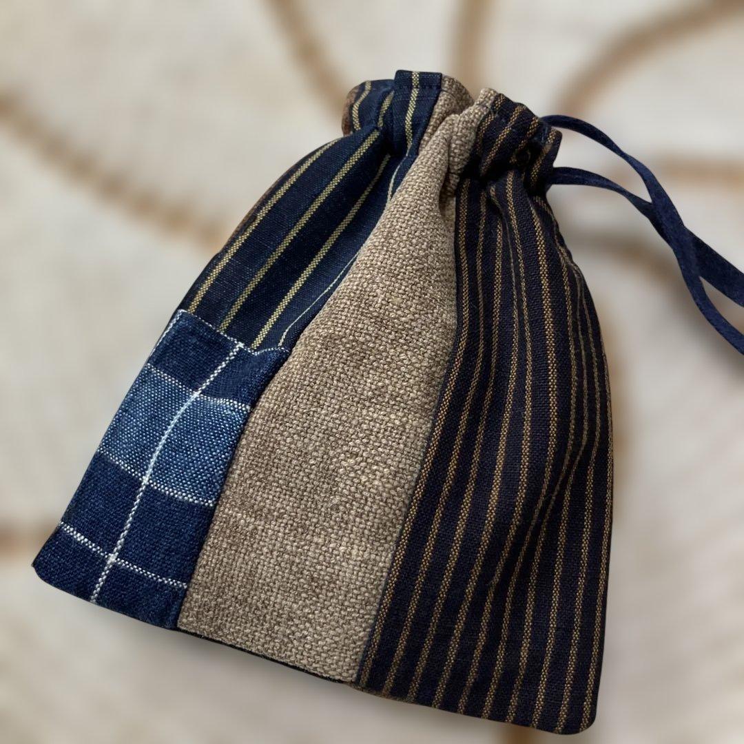 庄内刺し子酒袋藍染め縞木綿格子木綿蚊絣古布手提げバックマルチケース付き