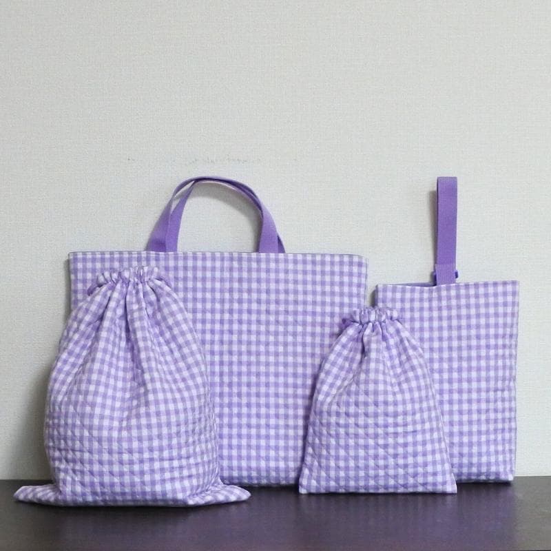 マロチョコさま専用① ギンガムチェック柄パープル 入園入学セット5点