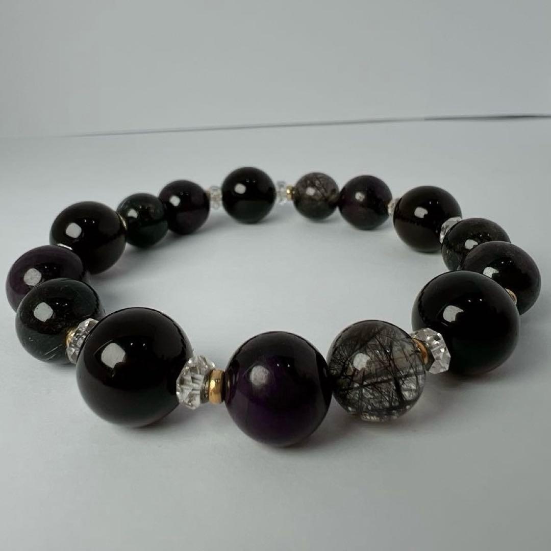 スモーキークォーツ 大玉ブレスレット約12mm ブラックルチル 天然石［袋付］