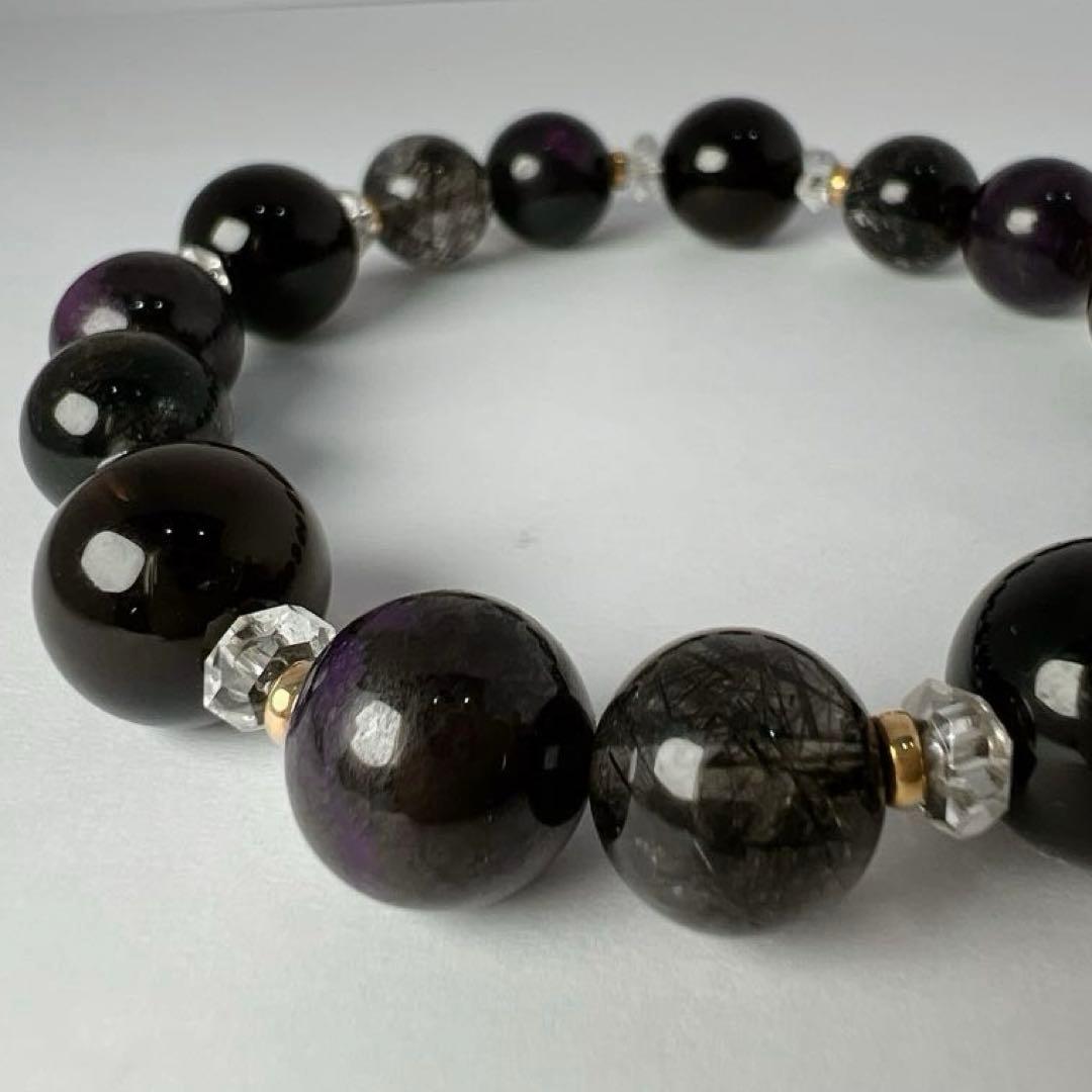 スモーキークォーツ 大玉ブレスレット約12mm ブラックルチル 天然石［袋付］