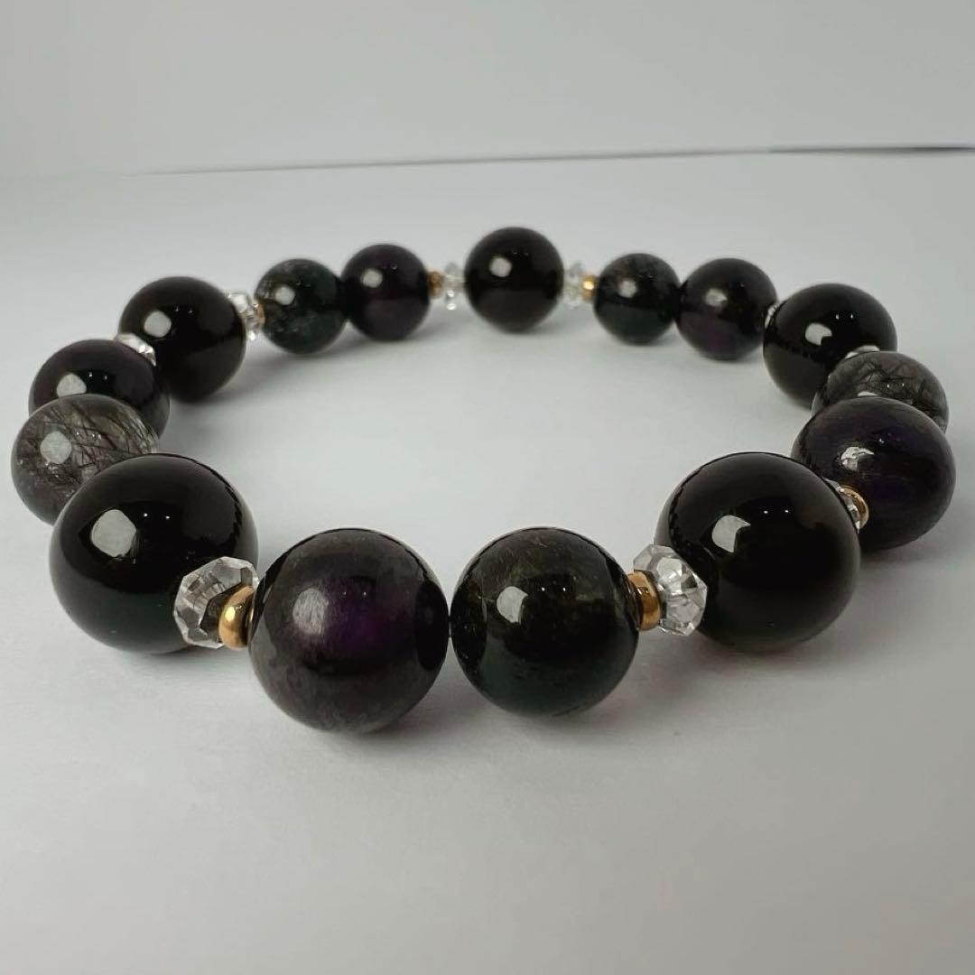 スモーキークォーツ 大玉ブレスレット約12mm ブラックルチル 天然石［袋付］