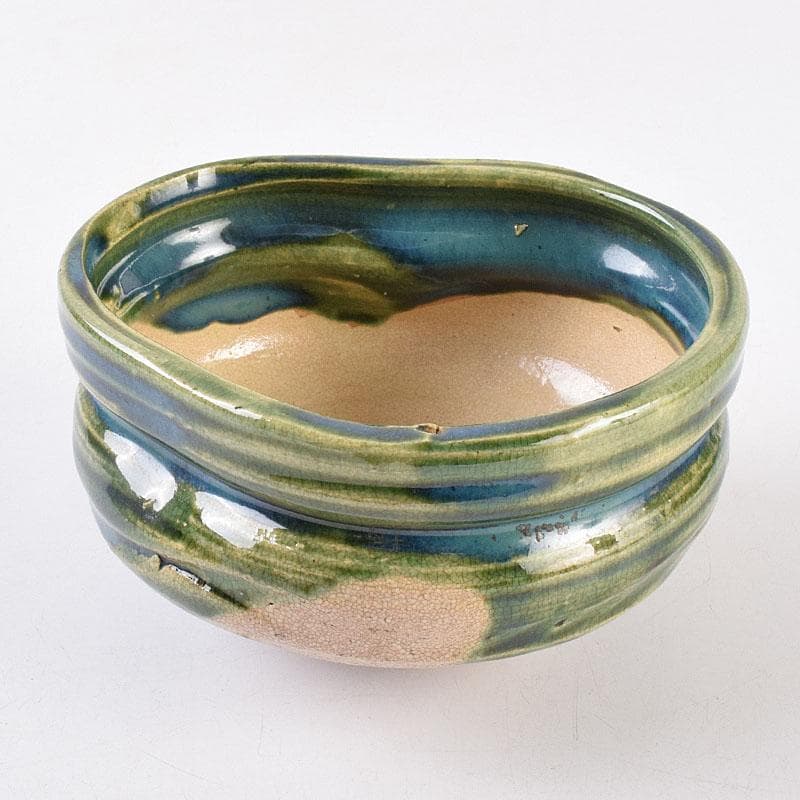 織部焼　古瀬戸窯　加藤作助作　手捻り茶碗　共箱　C　R8994