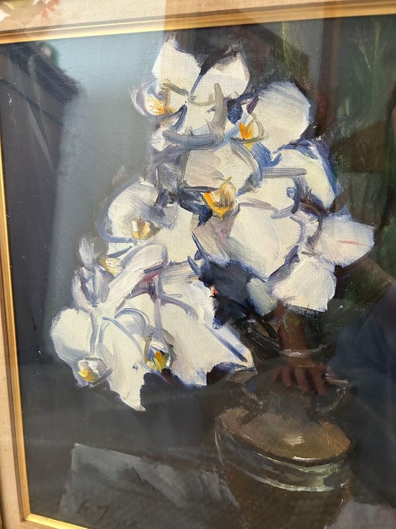 高梨　潔　作品　白い花の油彩画（クラシックフレーム　フラワー蘭花瓶　アンティーク