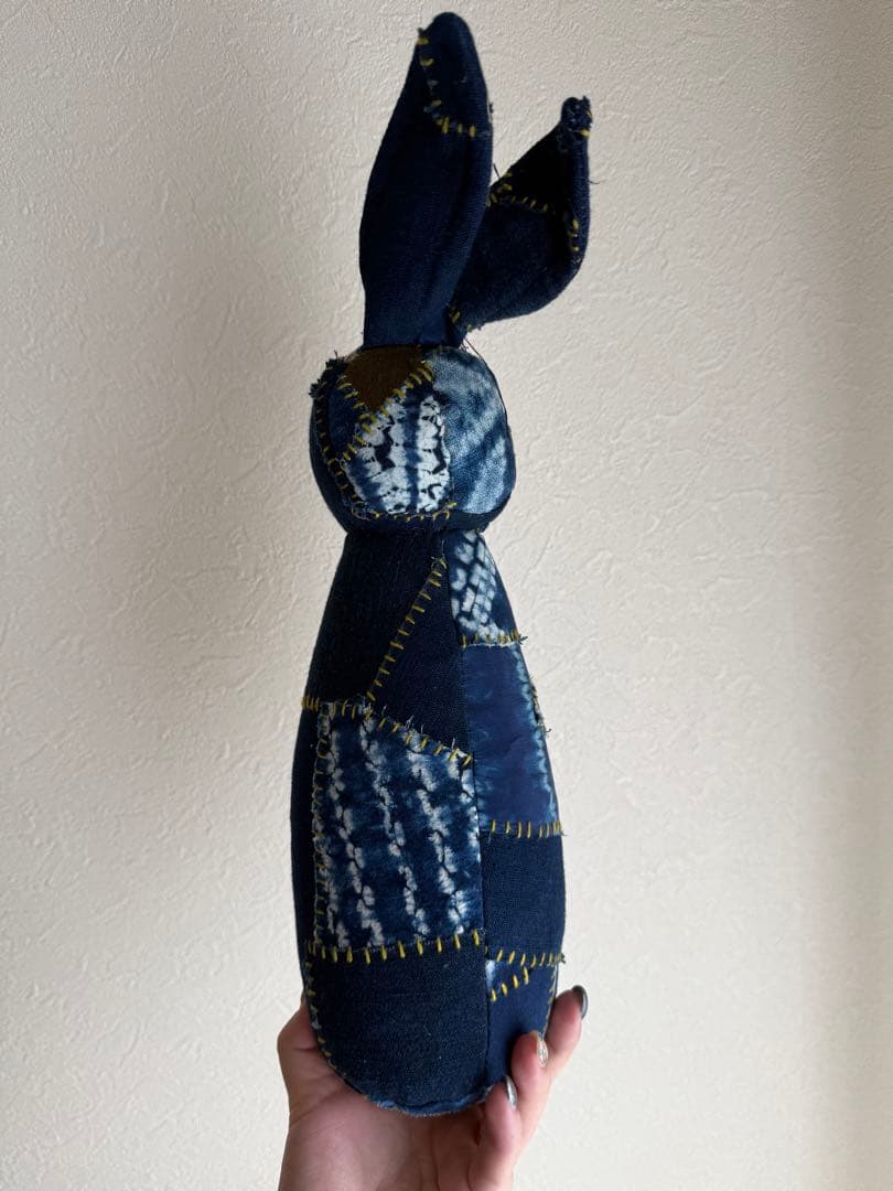 パッチワークウサギ型ぬいぐるみ ネイビー 手作り