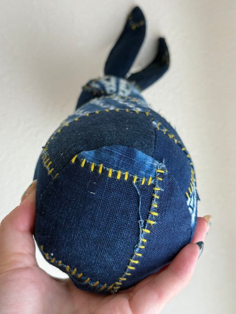 パッチワークウサギ型ぬいぐるみ ネイビー 手作り