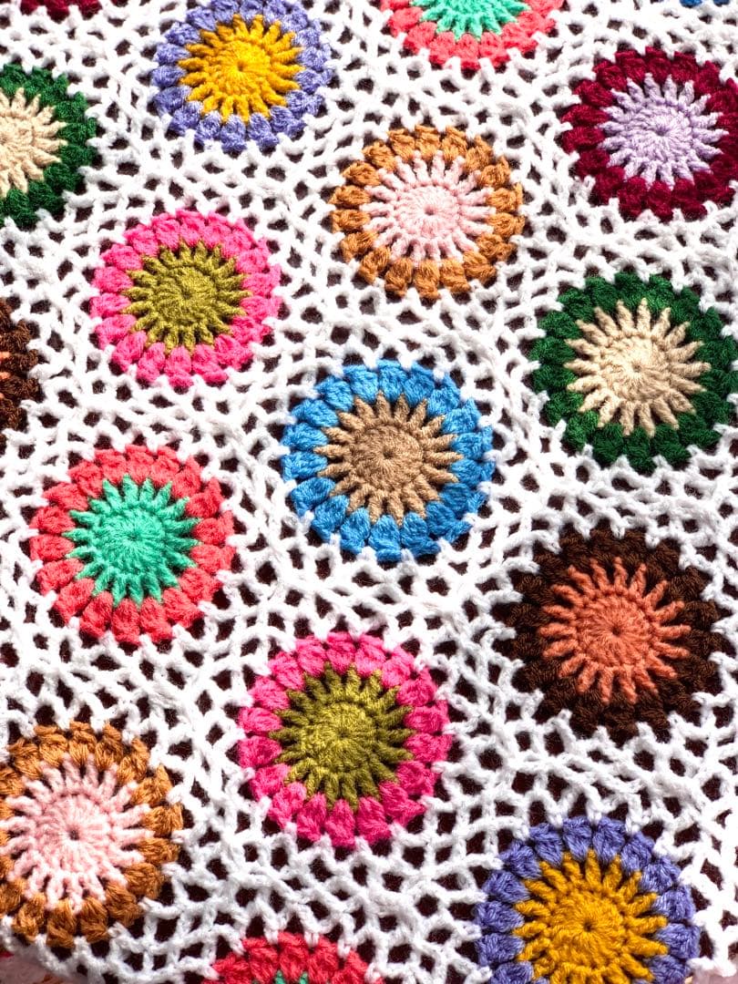 ハンドメイド　手編み　かぎ針編み　花モチーフ　ブランケット　白