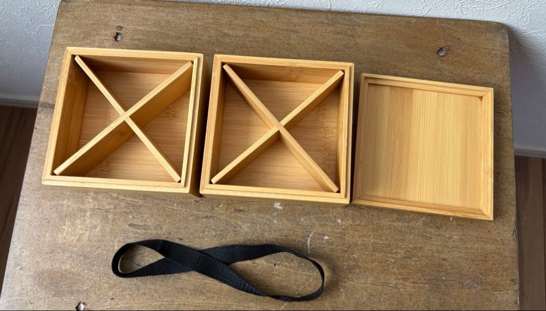 しろくろ好き 竹製 仕切り付き二段弁当 と リンダバスケット