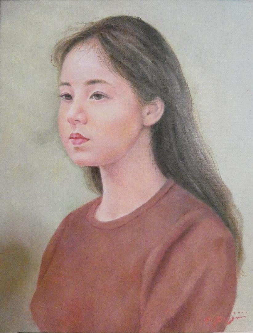 絵画 油彩 人物 藤井勉「亞希子」 サイン 額装済み 肉筆手描き F6