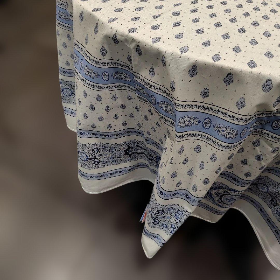 南仏プロバンスプリントテーブルクロスバスティード白/ブルー
