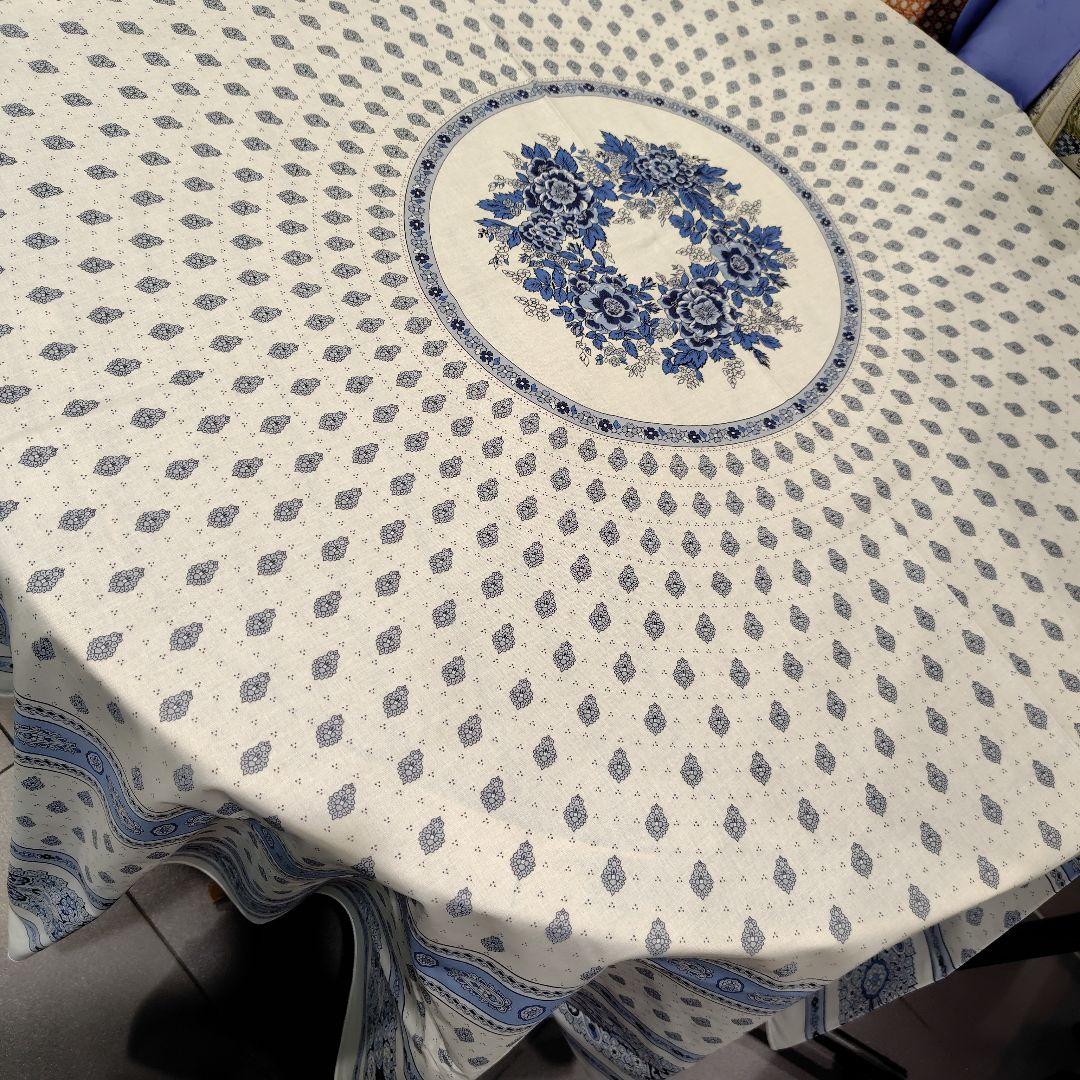 南仏プロバンスプリントテーブルクロスバスティード白/ブルー