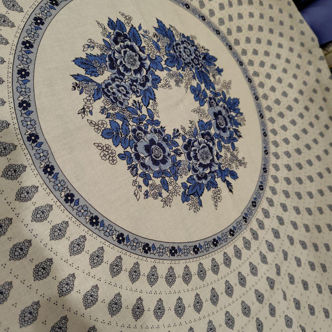 南仏プロバンスプリントテーブルクロスバスティード白/ブルー