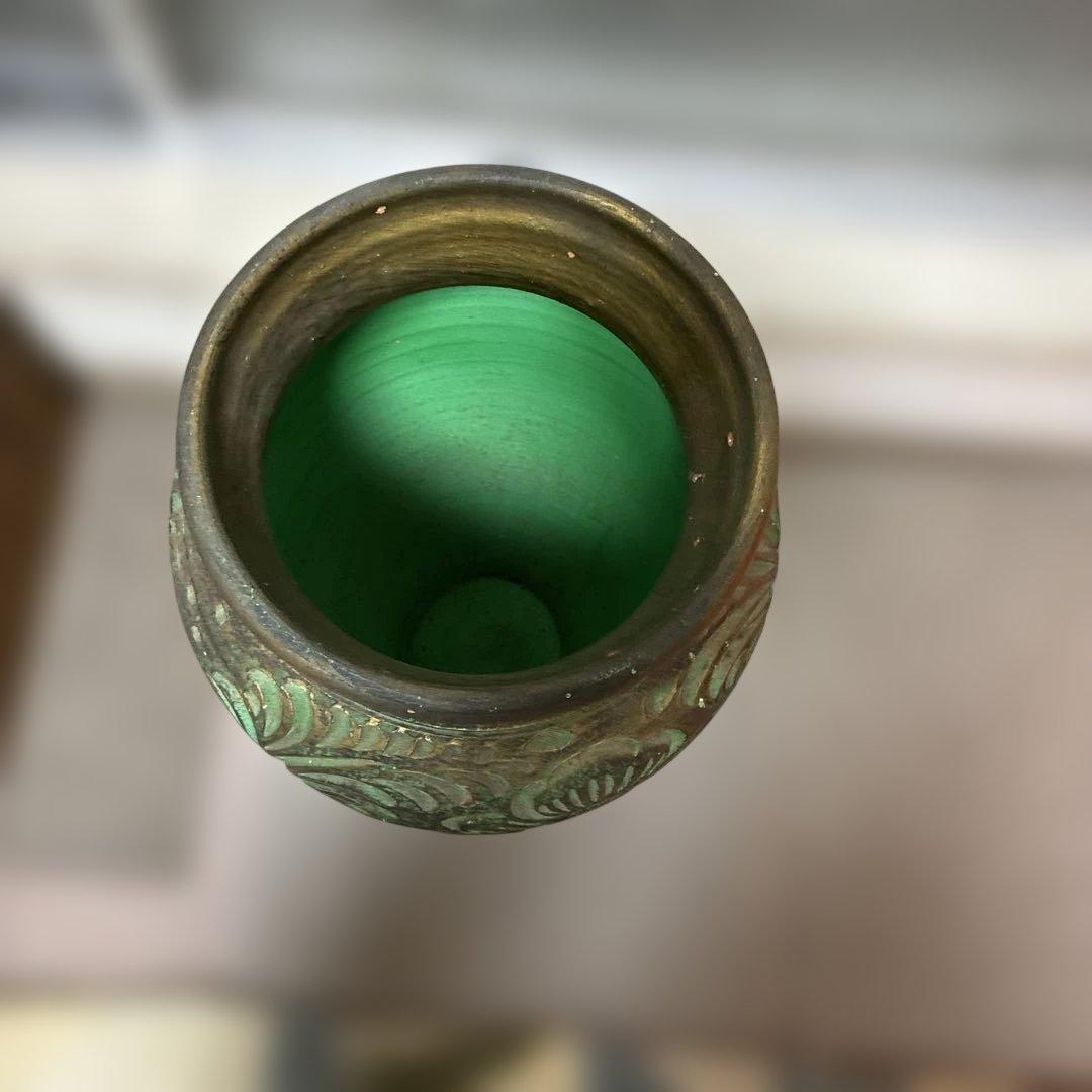 イタリア製　陶器壺 花瓶 傘立て 花器 高さ45cm グリーン×ゴールド