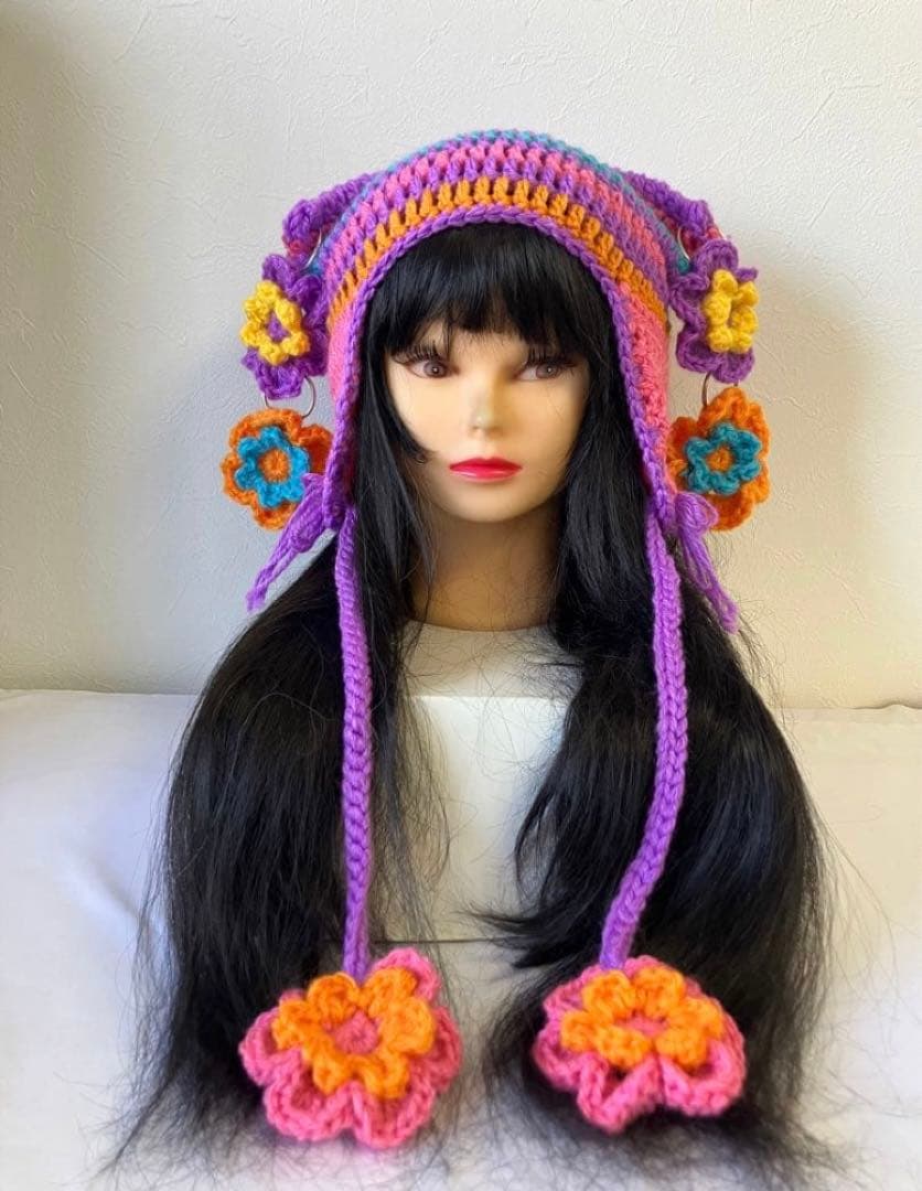 ネコ耳ニット帽　猫耳　y2k レトロポップ　カラフル ピープス　ハッピー　☺︎