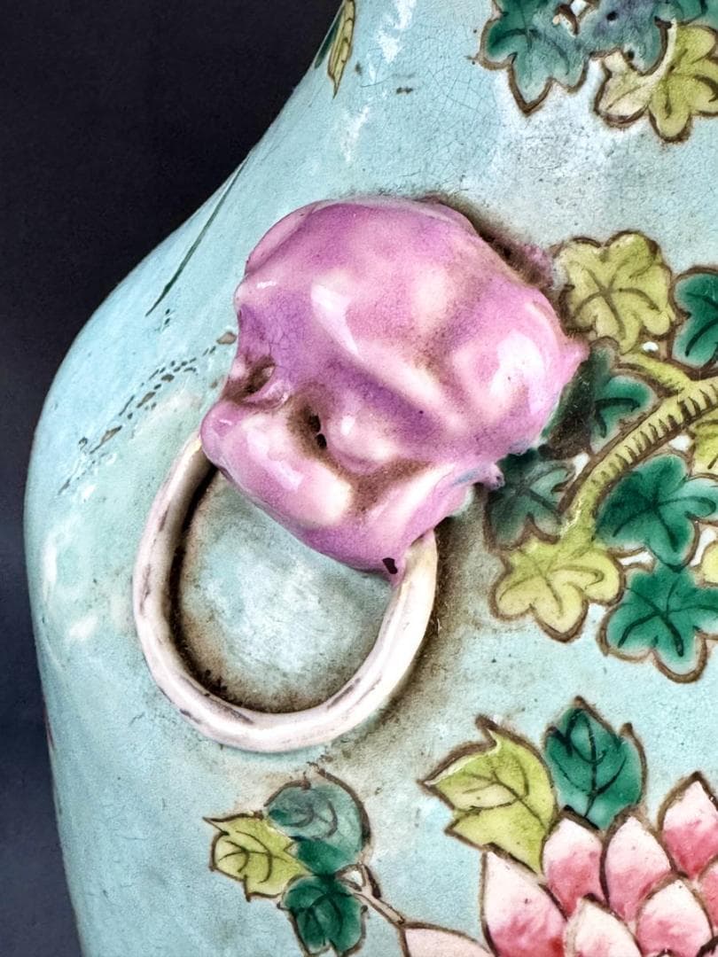 清時代中期 粉彩十錦釉博古圖鳳凰花鳥文双獅耳磁器花瓶 高さ58cmWWTT343