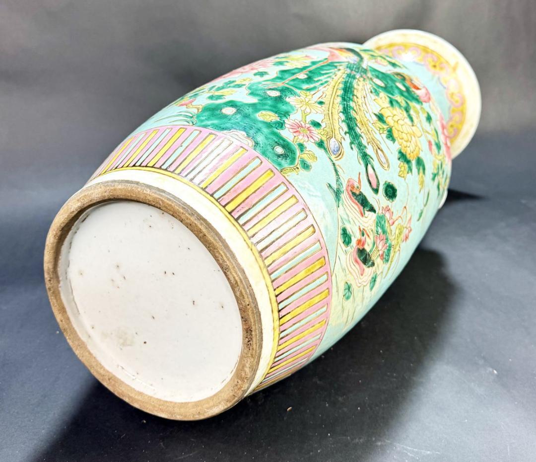 清時代中期 粉彩十錦釉博古圖鳳凰花鳥文双獅耳磁器花瓶 高さ58cmWWTT343