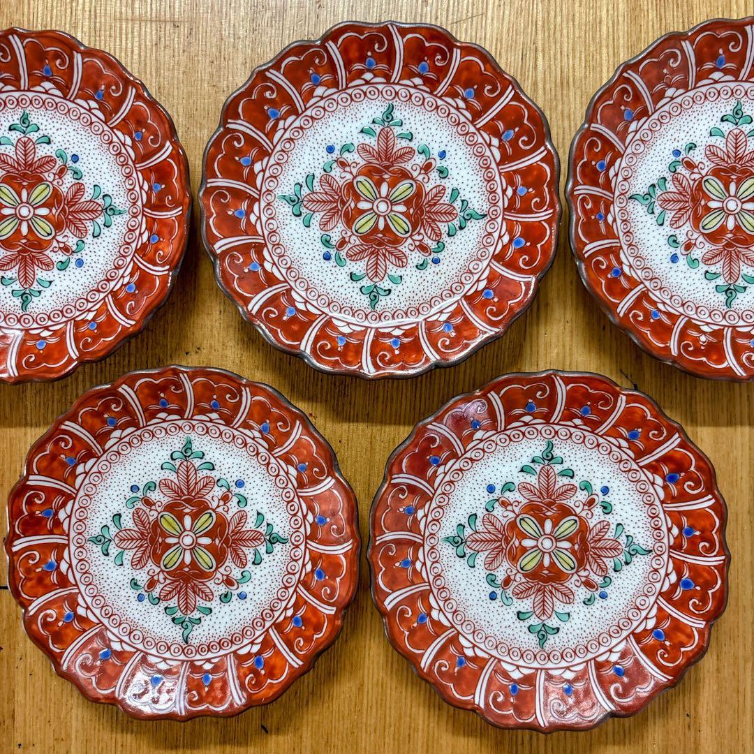 九谷焼　角福　飯田屋　赤絵　3.5号皿揃　小皿　豆皿　銘々皿　直径10.5cm
