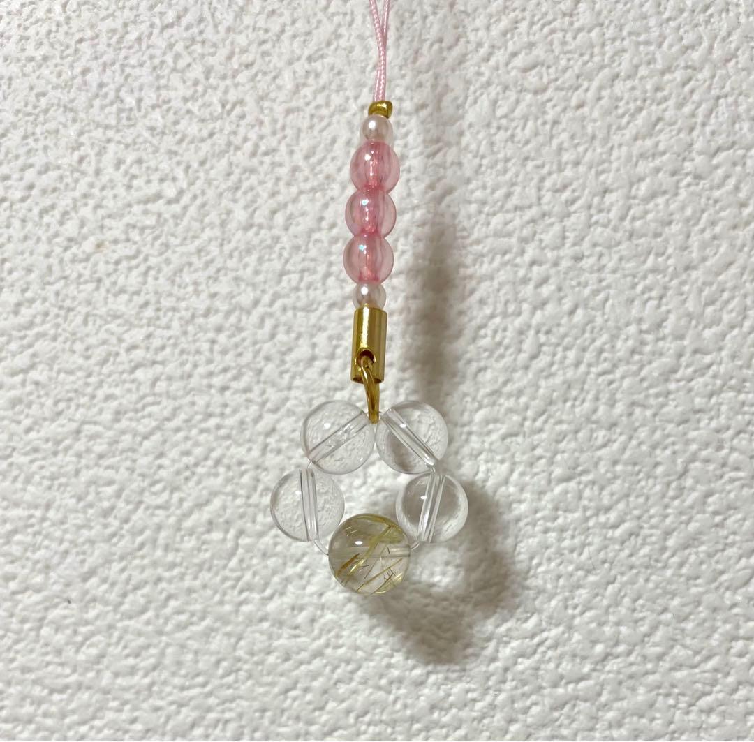 【パワーストーン ストラップ】ゴールドルチルクォーツ×水晶