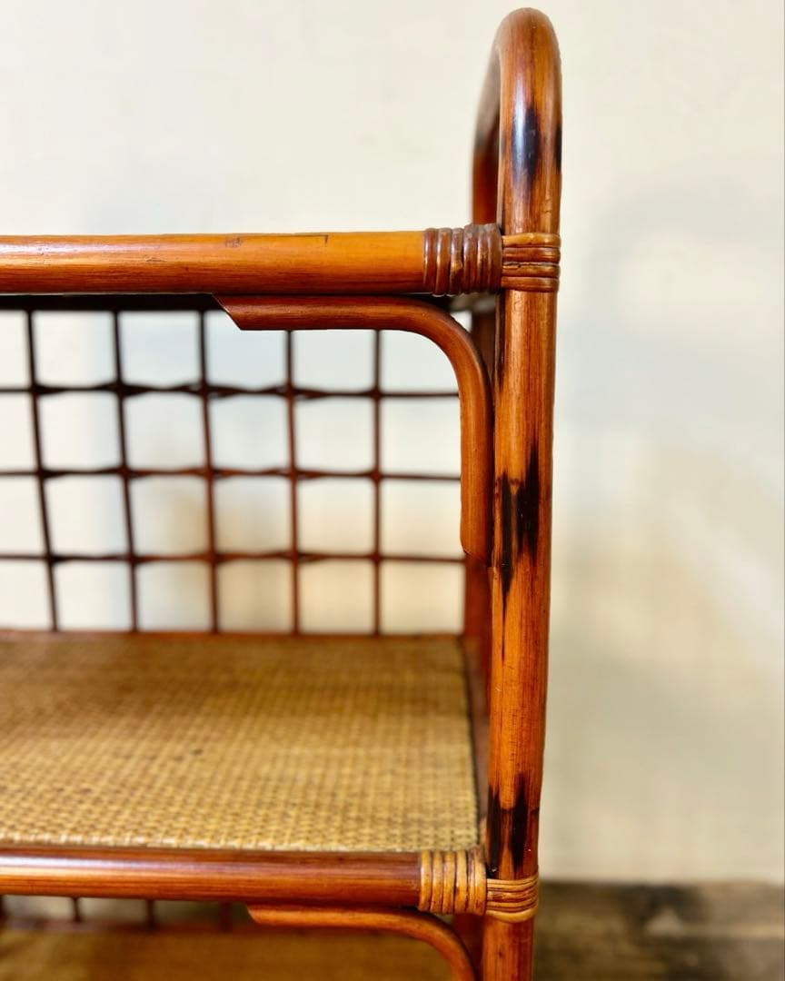 昭和中期 籐 ラタン 3段 ラック シェルフ 収納棚 古家具 古道具1950〜