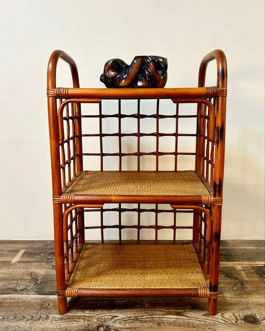 昭和中期 籐 ラタン 3段 ラック シェルフ 収納棚 古家具 古道具1950〜