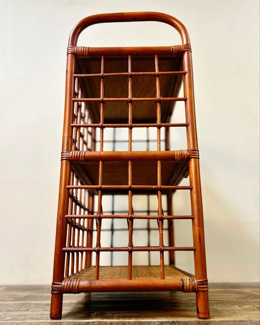 昭和中期 籐 ラタン 3段 ラック シェルフ 収納棚 古家具 古道具1950〜