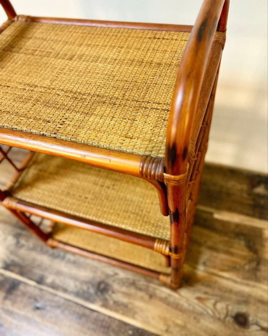 昭和中期 籐 ラタン 3段 ラック シェルフ 収納棚 古家具 古道具1950〜
