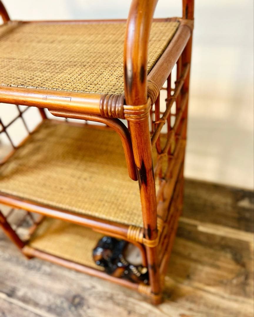 昭和中期 籐 ラタン 3段 ラック シェルフ 収納棚 古家具 古道具1950〜
