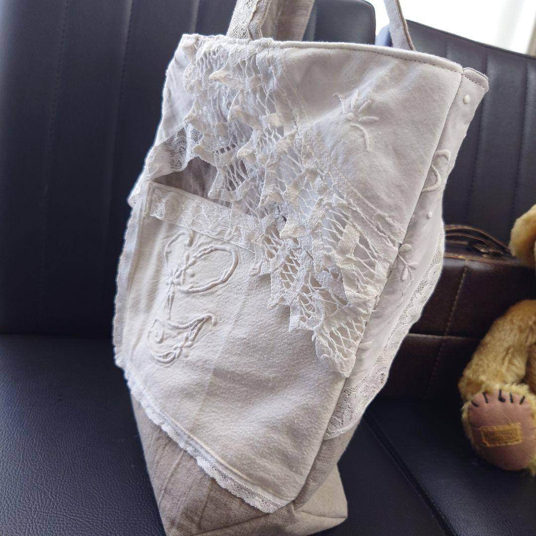 フランスアンティーク/トート/リメイク イニシャル刺繍×手刺繍×レース/大トート