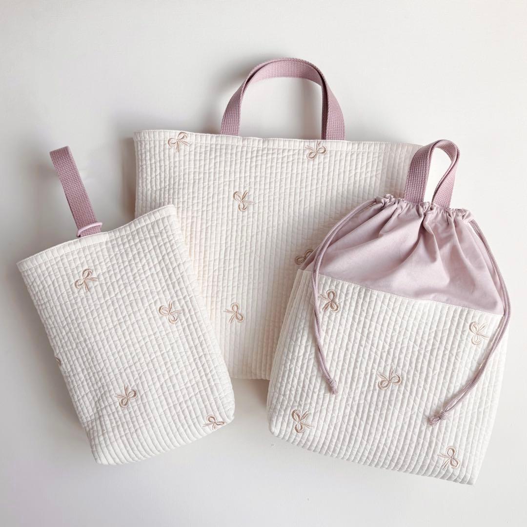 ヌビ　入園入学　3点セット　リボン　刺繍　くすみピンク　ラベンダー　女の子