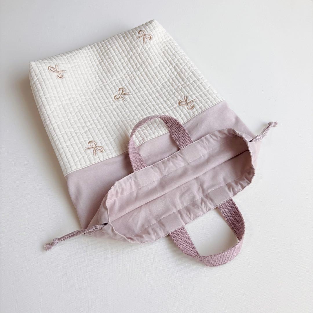 ヌビ　入園入学　3点セット　リボン　刺繍　くすみピンク　ラベンダー　女の子