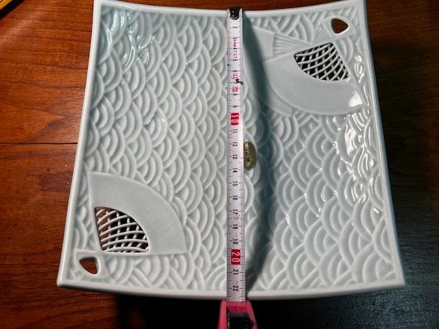 ¥有田焼 口変わり皿 扇柄 青白磁 木箱付き 未使用