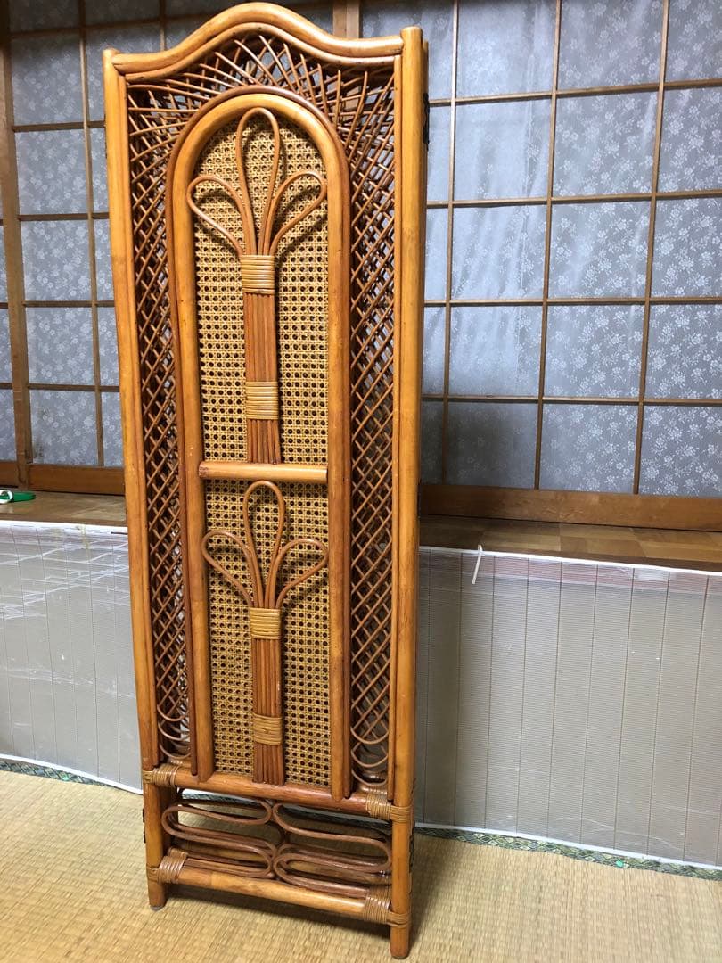 最終❣️衝立　パーテーション　屏風　ラタン　間仕切り目隠しレトロ　木製３連　玄関