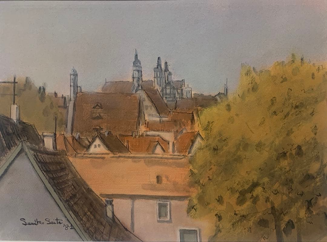 絵画額装　水彩画　真作　水藤澄子『中世の村　Rothenbergの秋』1981年