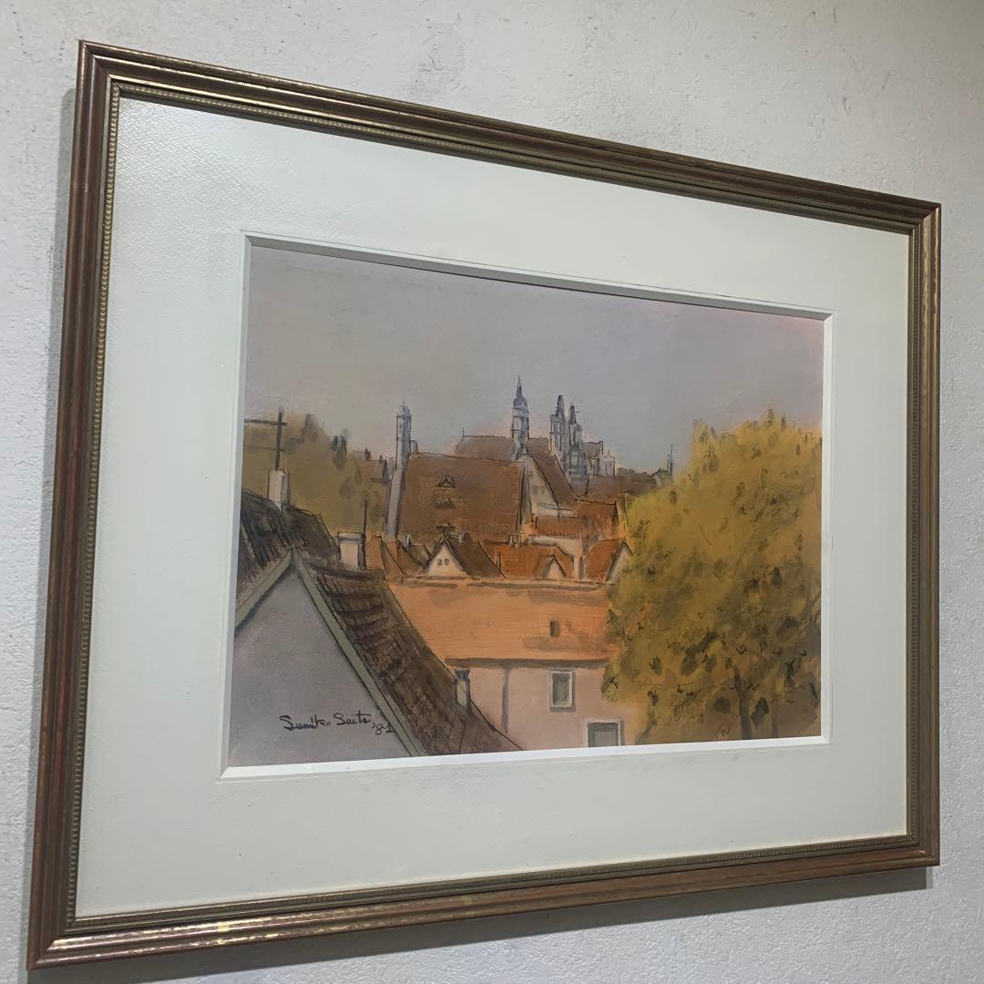 絵画額装　水彩画　真作　水藤澄子『中世の村　Rothenbergの秋』1981年