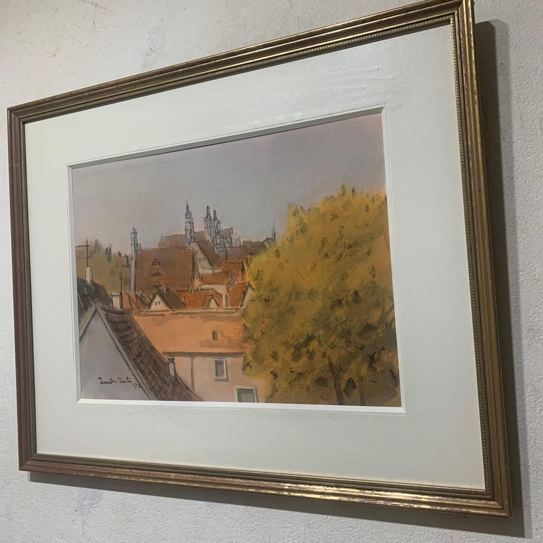 絵画額装　水彩画　真作　水藤澄子『中世の村　Rothenbergの秋』1981年