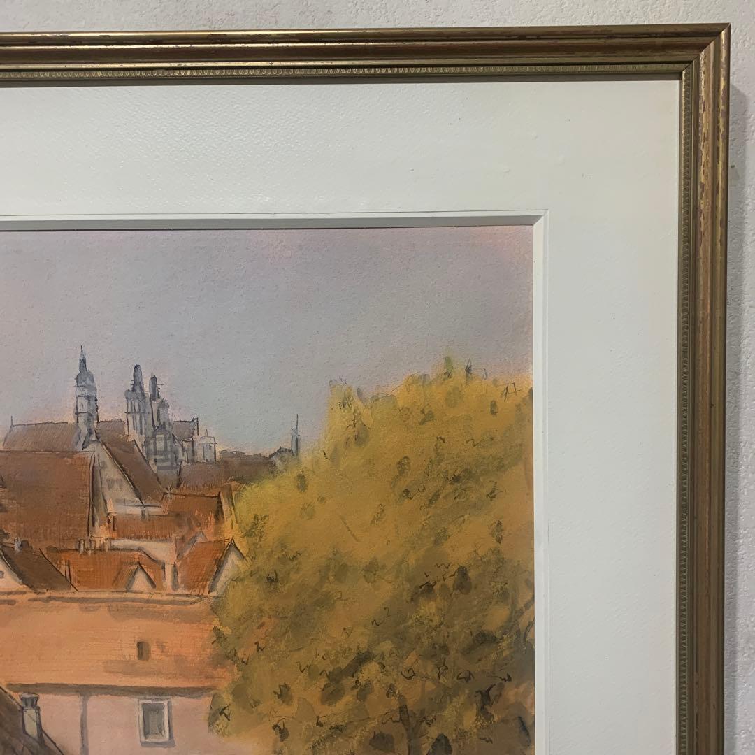 絵画額装　水彩画　真作　水藤澄子『中世の村　Rothenbergの秋』1981年