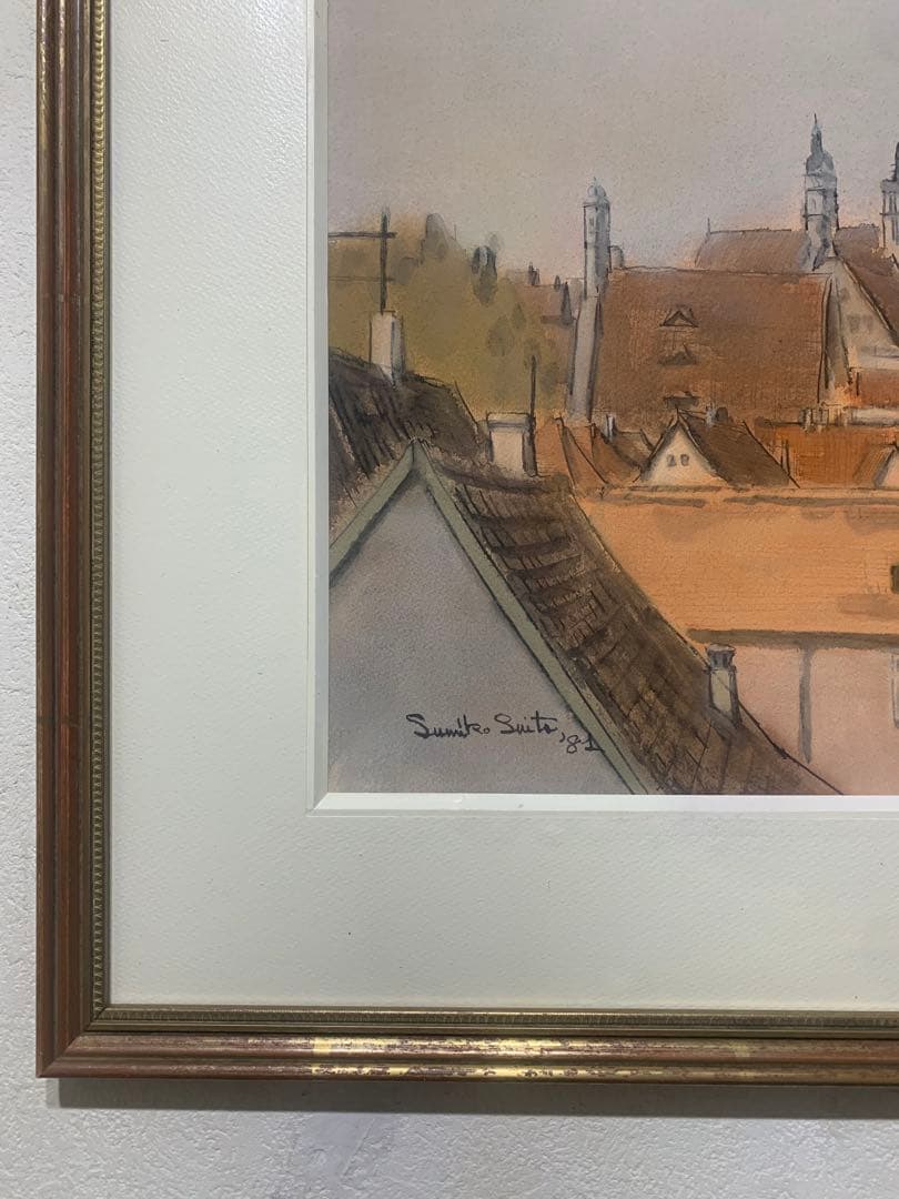 絵画額装　水彩画　真作　水藤澄子『中世の村　Rothenbergの秋』1981年