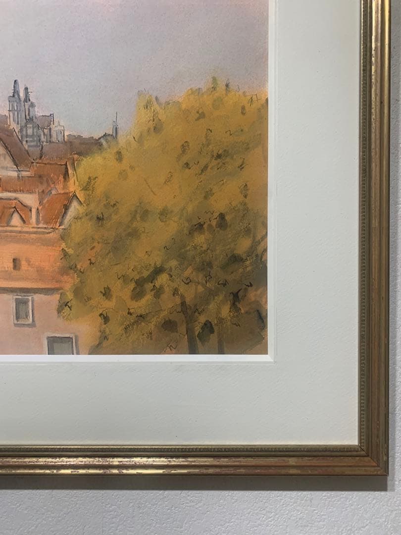 絵画額装　水彩画　真作　水藤澄子『中世の村　Rothenbergの秋』1981年