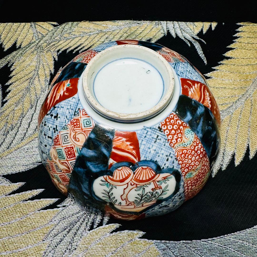 古伊万里　染錦金襴手　手描き　輪花鉢　碗　1客　江戸後期