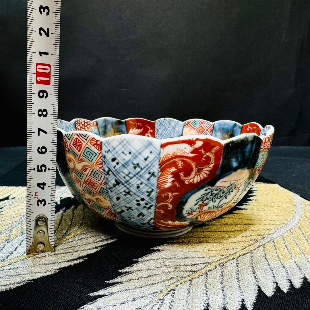 古伊万里　染錦金襴手　手描き　輪花鉢　碗　1客　江戸後期