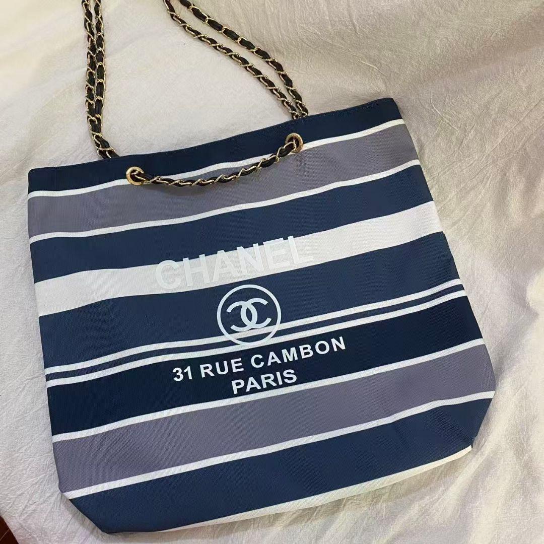 CHANEL ノベルティ ストライプ トートバッグ チェーン 大容量