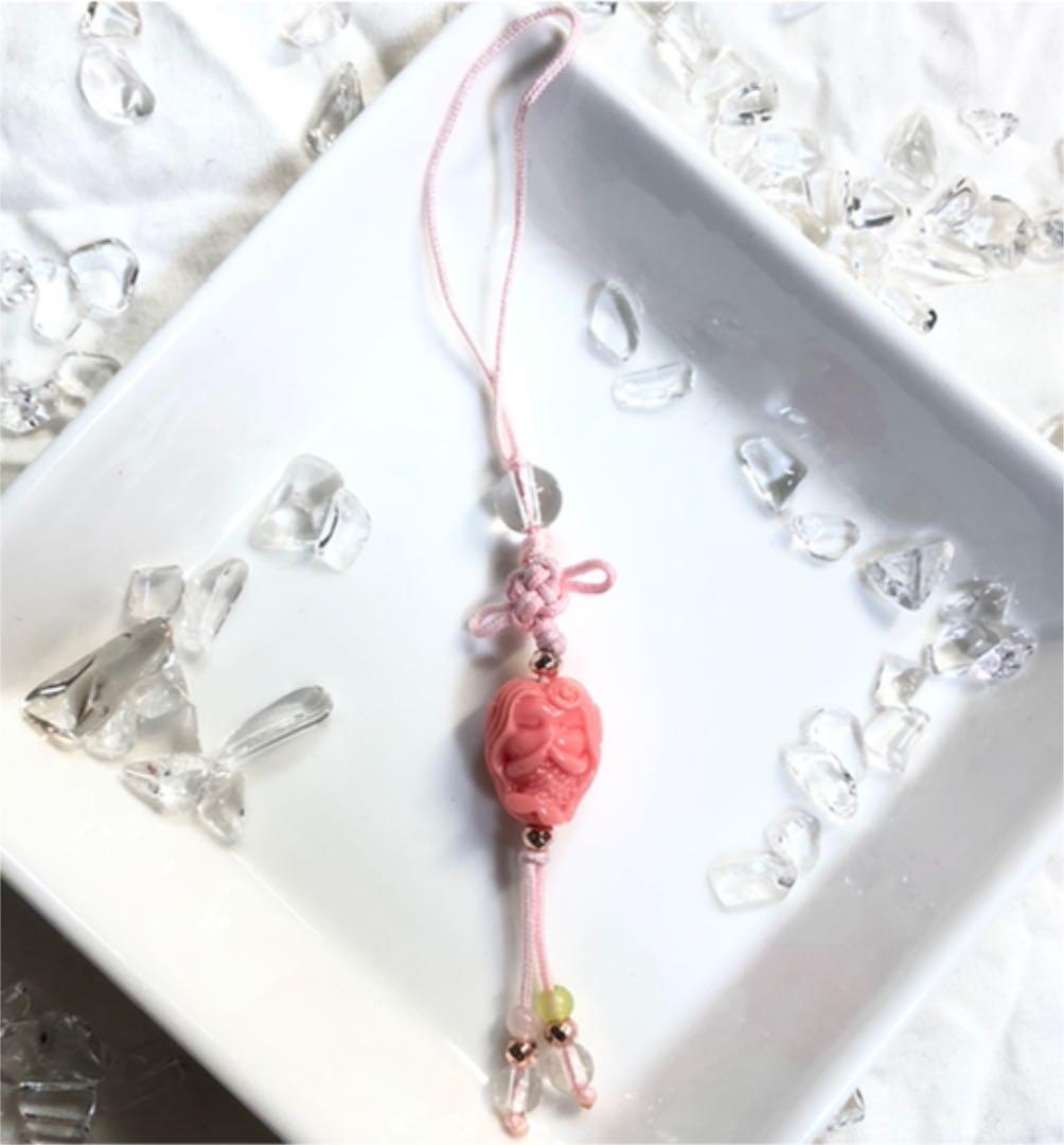 天然石 練り珊瑚 サンゴ 水晶 ミニ アマビエ ストラップ ◇aハンドメイド