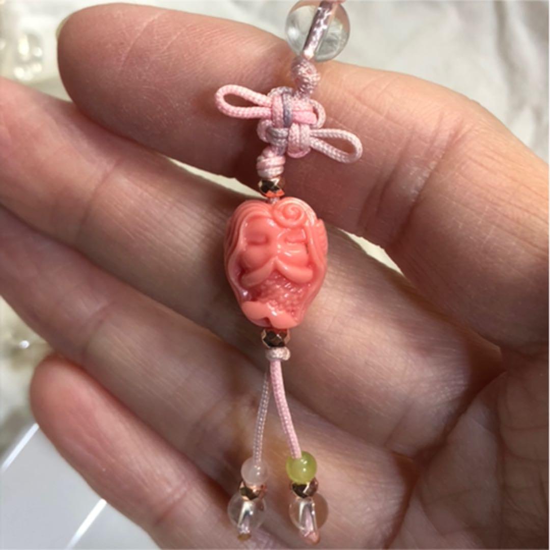 天然石 練り珊瑚 サンゴ 水晶 ミニ アマビエ ストラップ ◇aハンドメイド