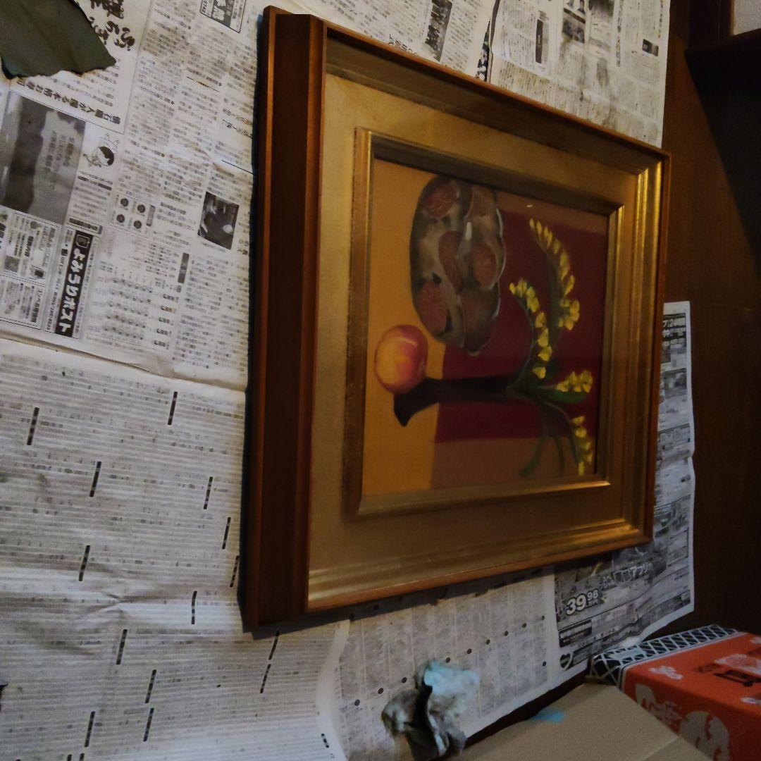 静物画 金色フレーム 花と果物