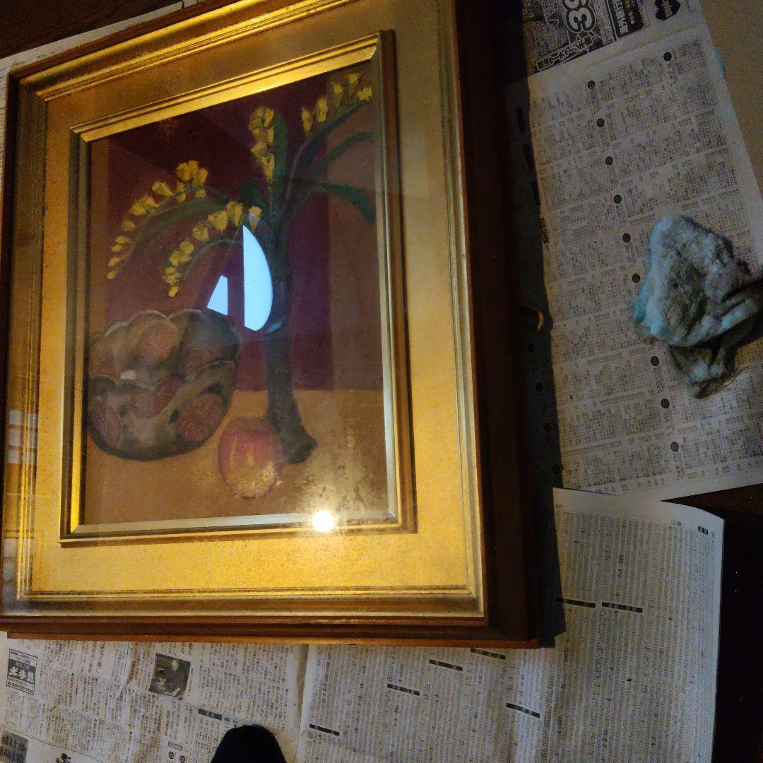 静物画 金色フレーム 花と果物