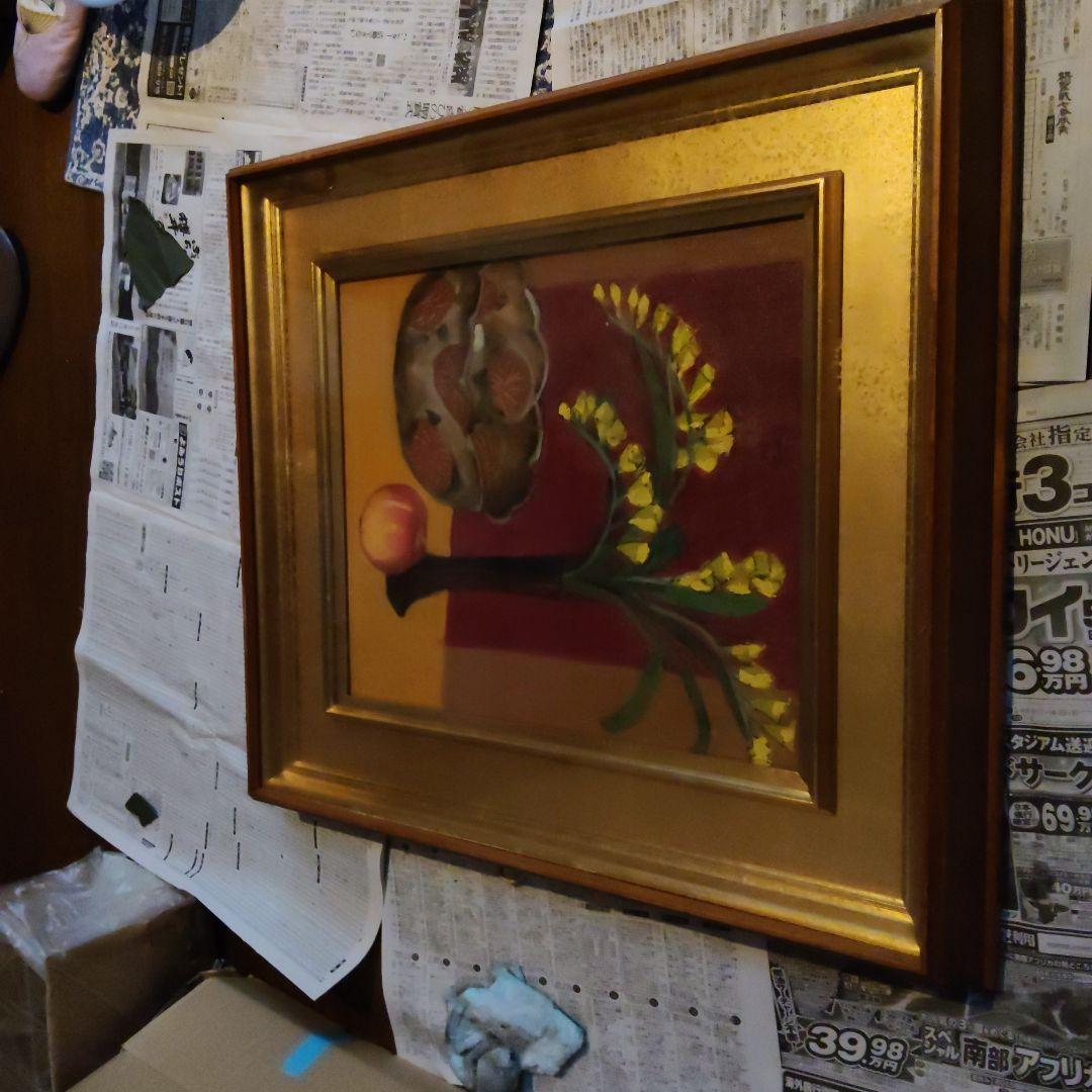 静物画 金色フレーム 花と果物