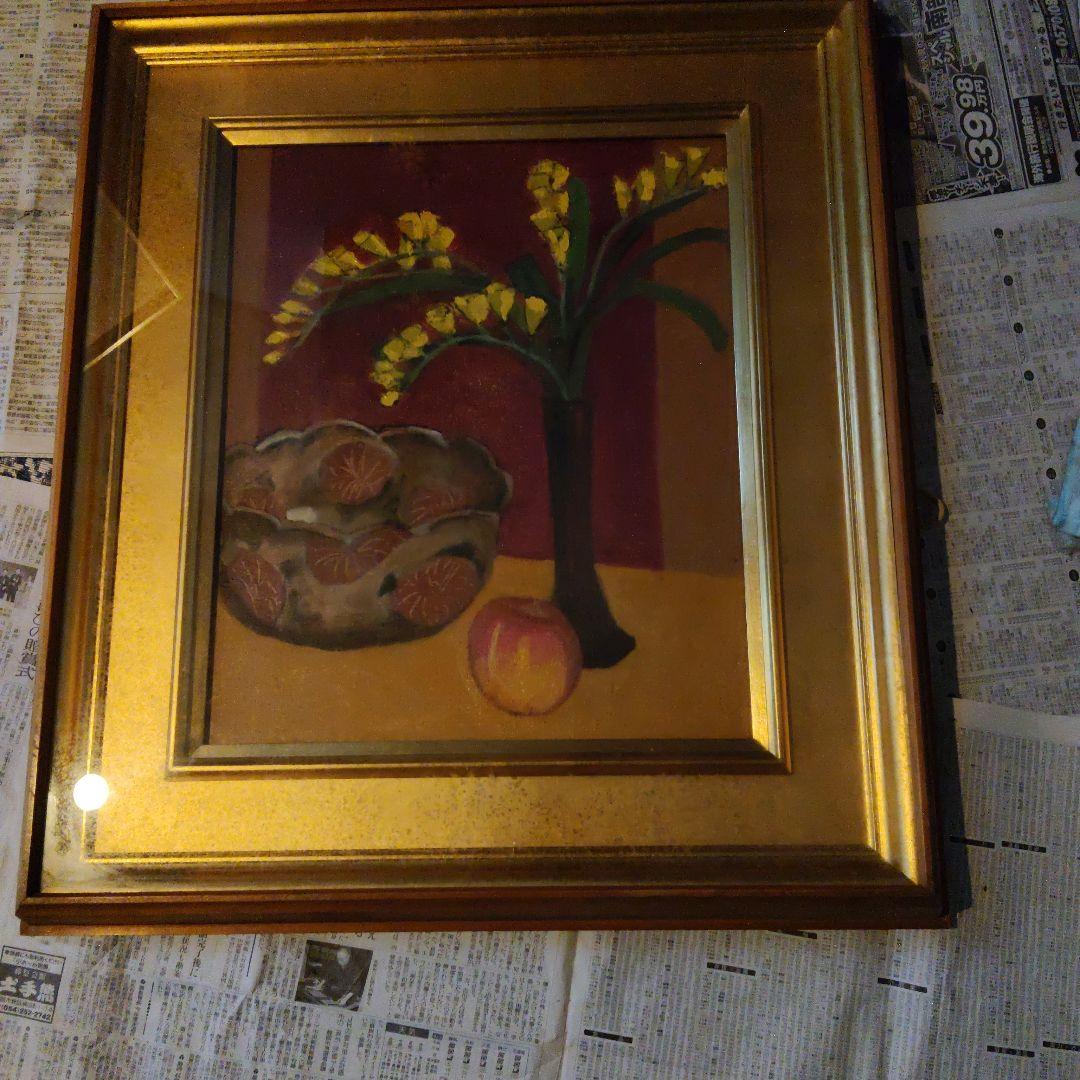 静物画 金色フレーム 花と果物