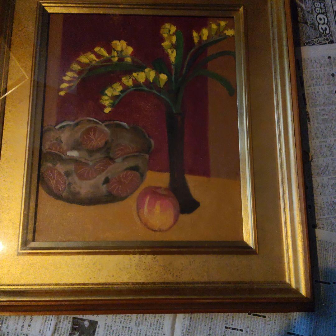 静物画 金色フレーム 花と果物