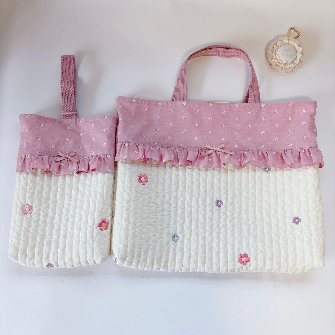ダンガリー　小花　刺繍生地　ヌビ　キルト　キルティング　レッスンバッグ　上履き袋