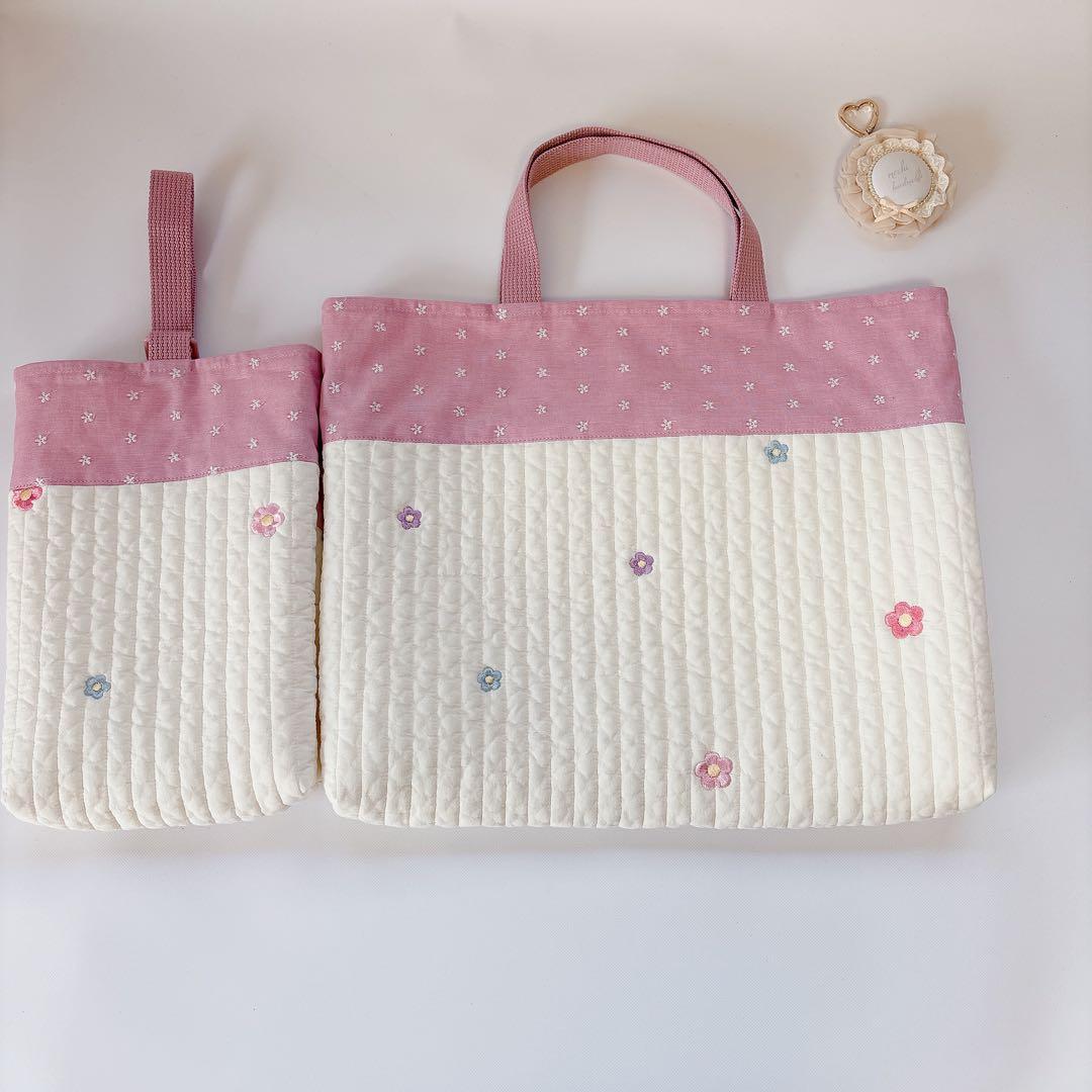 ダンガリー　小花　刺繍生地　ヌビ　キルト　キルティング　レッスンバッグ　上履き袋
